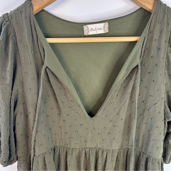 Altar’d State Olive Green Clip Dot Mini Dress, S, Blouson Sleeve, Boho, V-Neck - Picture 2 of 8
